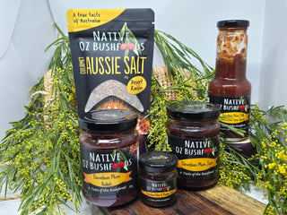 Contains davidson Plum jam. davidson Plum relish , Davidson Plum and mango jam , Davidson Plum Chilli sauce  and a choice of Aussie Salt